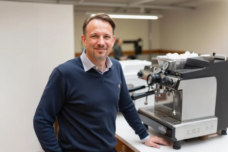 KNOBLOCH Geschäftsführer Thomas Kolbe vor einer Siebträgerkaffeemaschine
