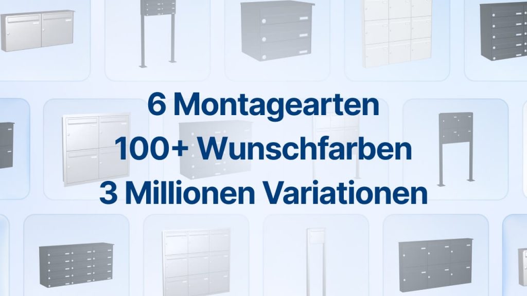 Im Hintergrund sind verschiedene Konfigurationen von Briefkastenanlagen und im Vordergrund steht 6 Montagearten, 100+ Wunschfarben und 3 Millionen Variationen