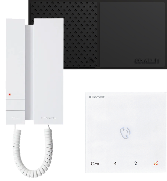 Sprechanlage Comelit Ultra mit Innensprechstelle, Innensprechstele mit Hörer und Außensprechstelle