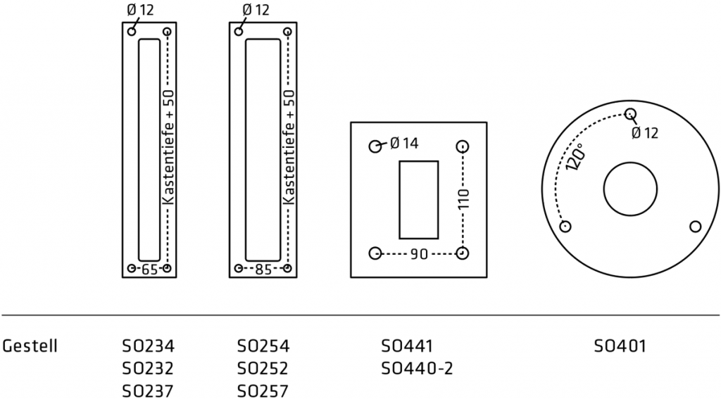 Übersicht Gestelle und die Maße der Fußplatten
