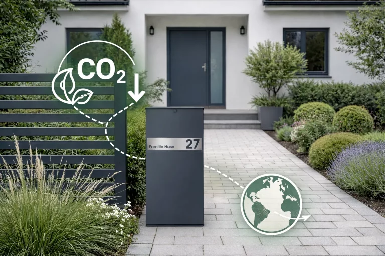 Paketbox in Anthrazit vor einem Hauseingang mit CO2-Grafik