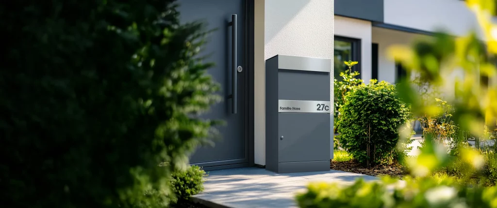 Paketbox MONTREAL in Anthrazit und Edelstahl Einfwurfklappe vor einem Hauseingang