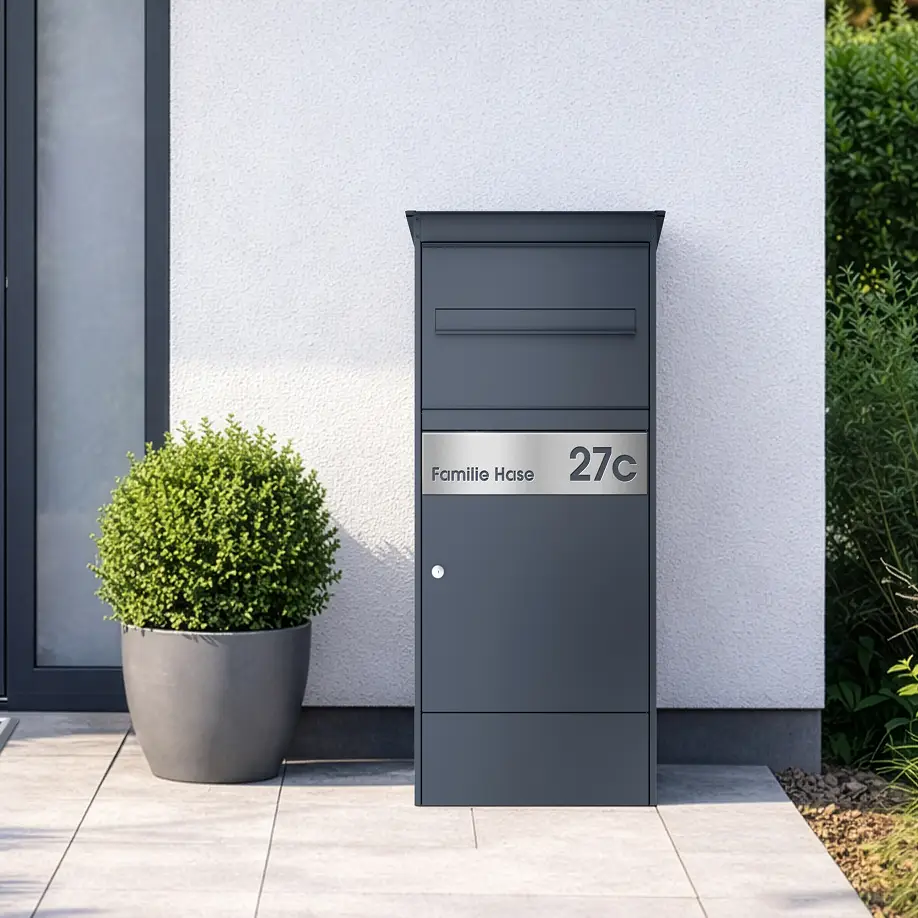 Paketbox JASPER XL in Anthrazit mit Edelstahl beschriftungsblende vor Hauseingang