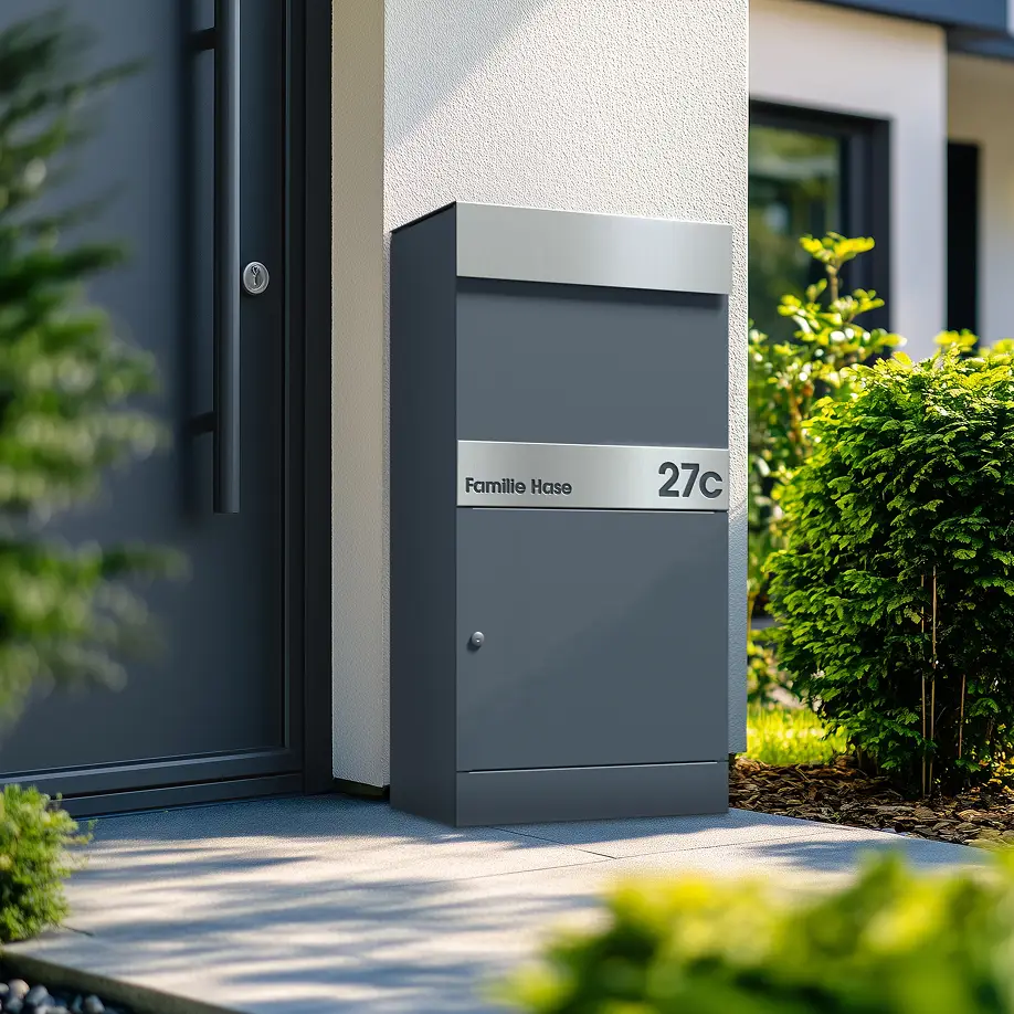 Paketbox MONTREAL in Anthrazit mit Edelstahl Einwurfklappe und Beschriftungsblende