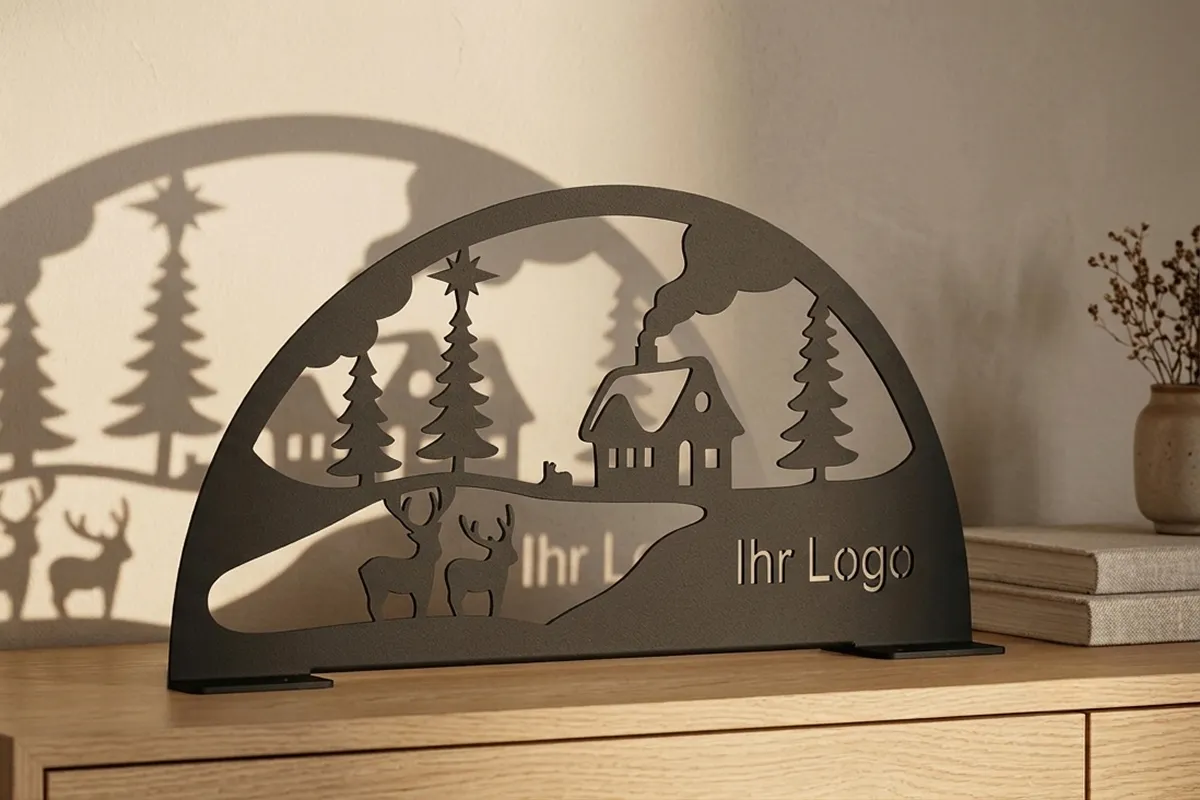 Schwarzer Schwibbogen mit Winterlandschaft mit dem Text "Ihr Logo" auf einer Kommode