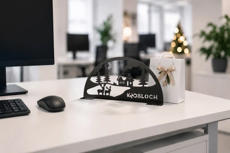 Schwibbogen mit eigenem Logo mit Lasergravur als Werbemittel für Unternehmen auf einem Schreibtisch im Büro