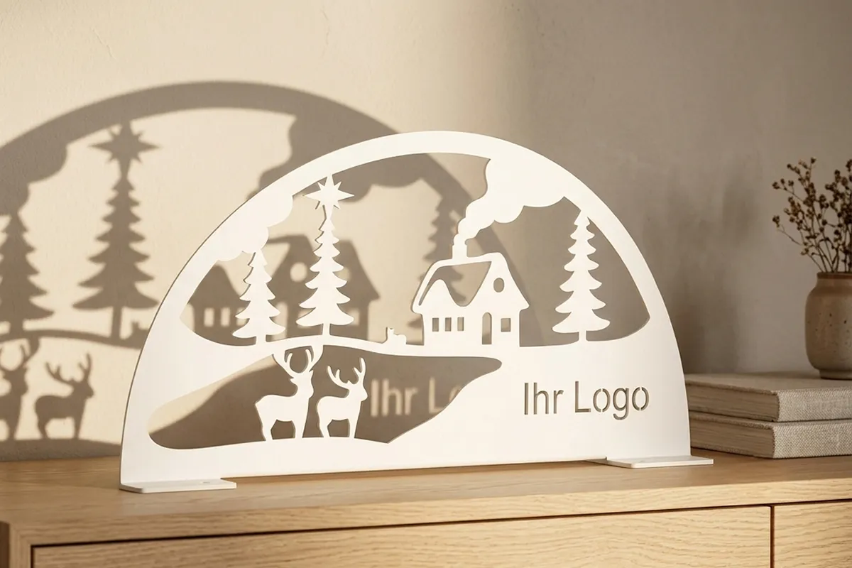 Weißer Schwibbogen mit Winterlandschaft mit dem Text "Ihr Logo" auf einer Kommode