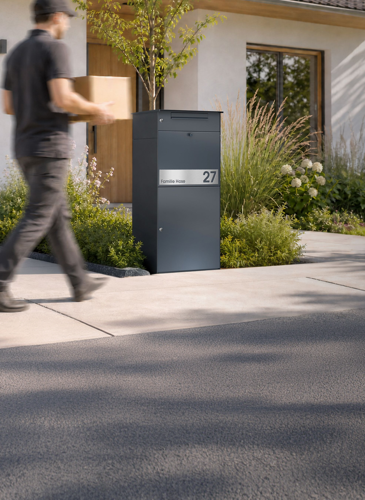 Paketbote liefert ein Paket an eine Paketbox KNOBOX PRO in Anthrazit vor einem Einfamilienhaus