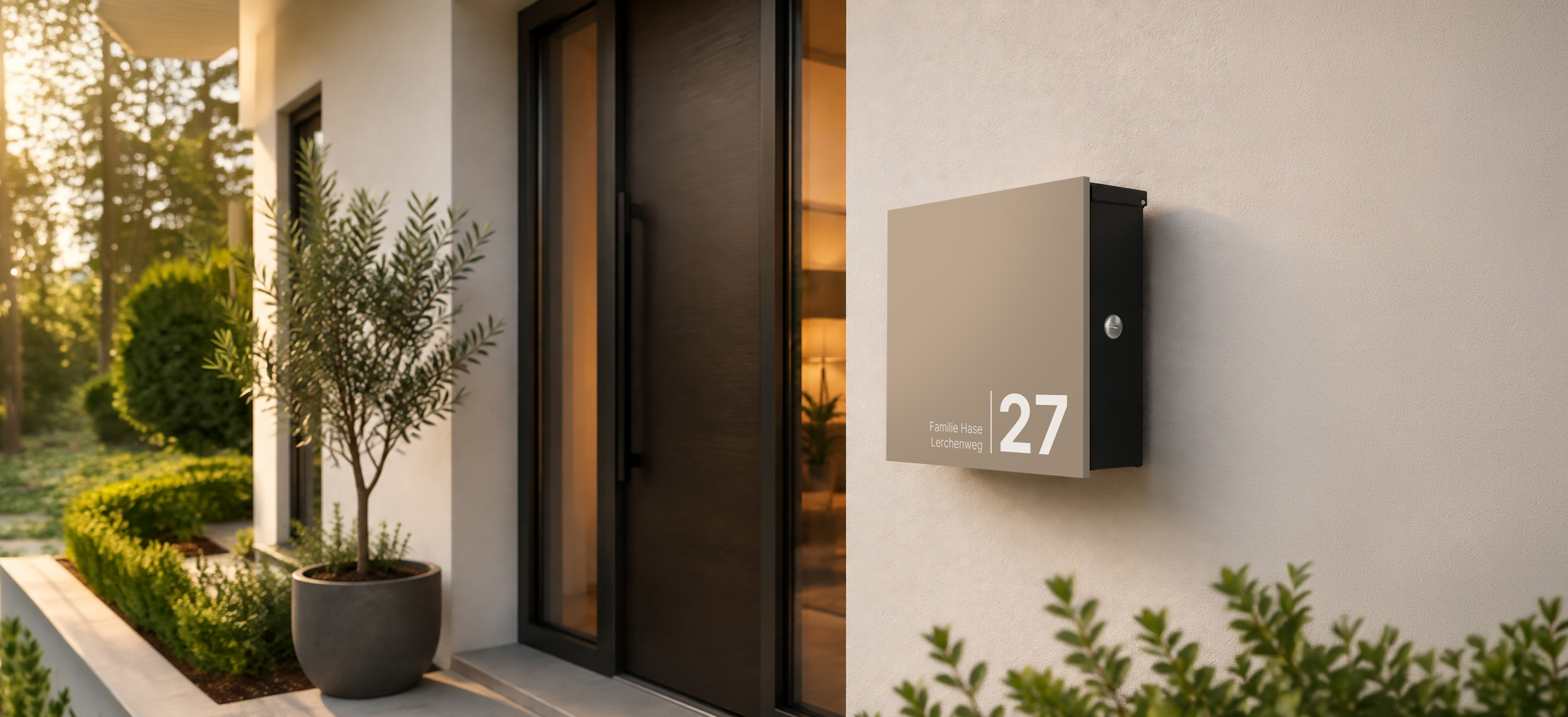 Briefkasten TRENTO mit personalisierter Blende neben der Haustür eines Einfamilienhauses